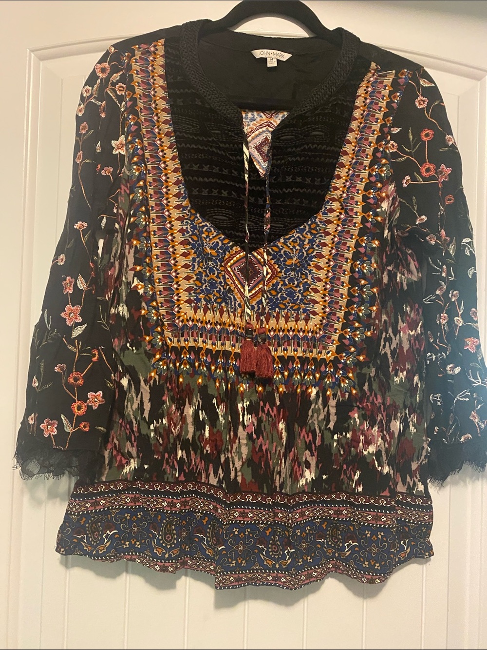 John Mark Black Multicolor Embroidered Boho Tunic